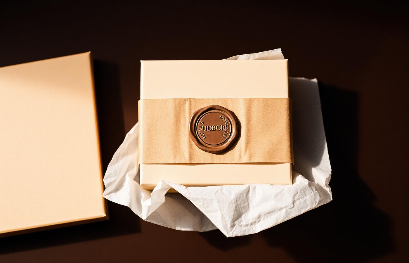 ACH packaging: kraft belly band, wax seal and tissue paper — concept render
